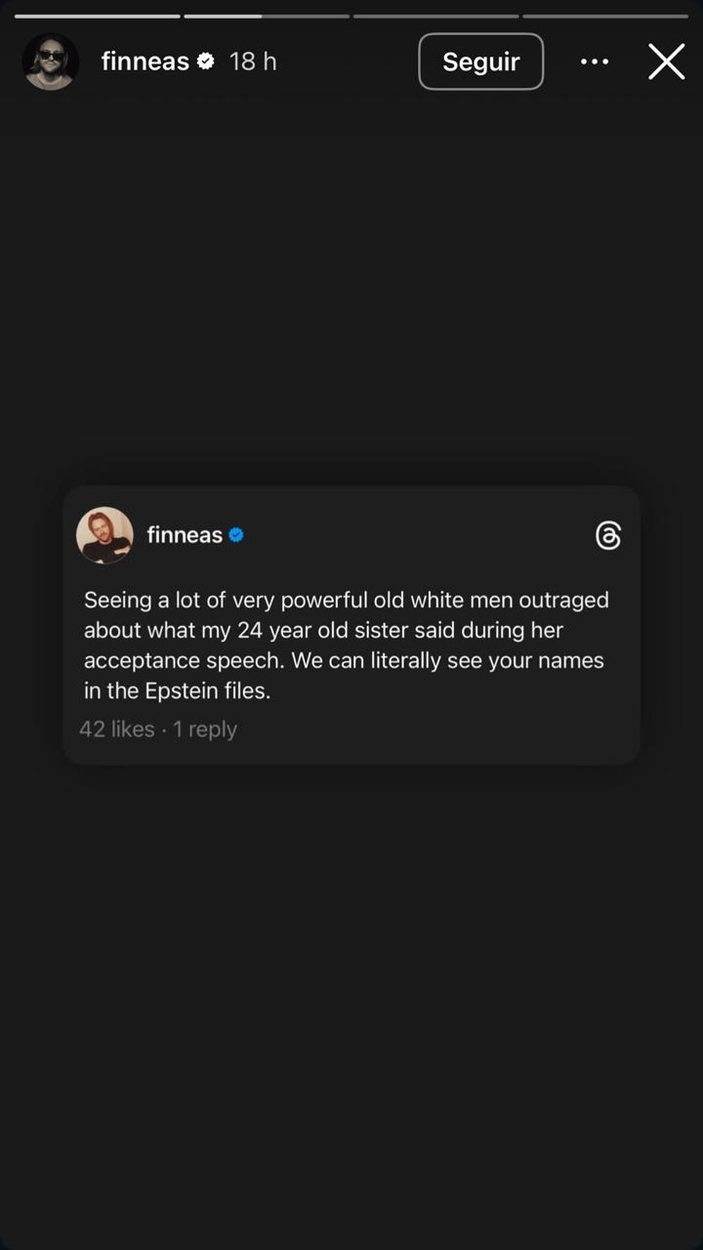 Postagem de Finneas — Foto: Reprodução/Instagram