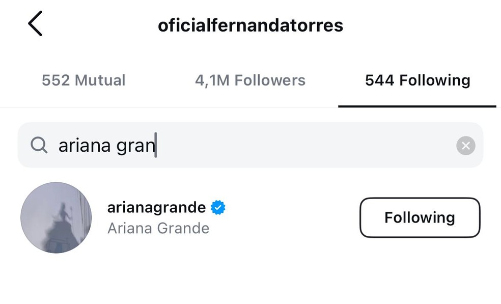 Após postar fotos com Fernanda Torres, Ariana Grande segue a atriz brasileira no Instagram — Foto: Reprodução/Instagram