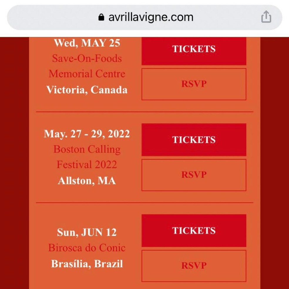 Site de Avril Lavigne sobre o show em Brasília — Foto: Reprodução