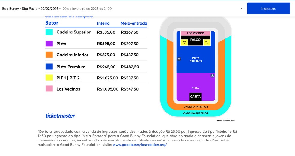 Parte da renda dos ingressos foi destinada diretamente à fundação — Foto: Reprodução/Ticketmaster