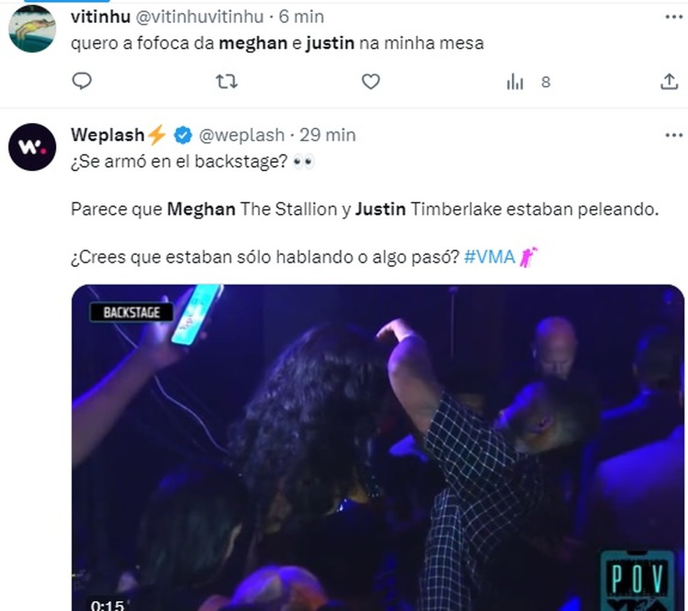 Internautas questionam troca entre Meghan Thee Stallion e Justin Timberlake durante VMA 2023 — Foto: Reprodução/Twitter
