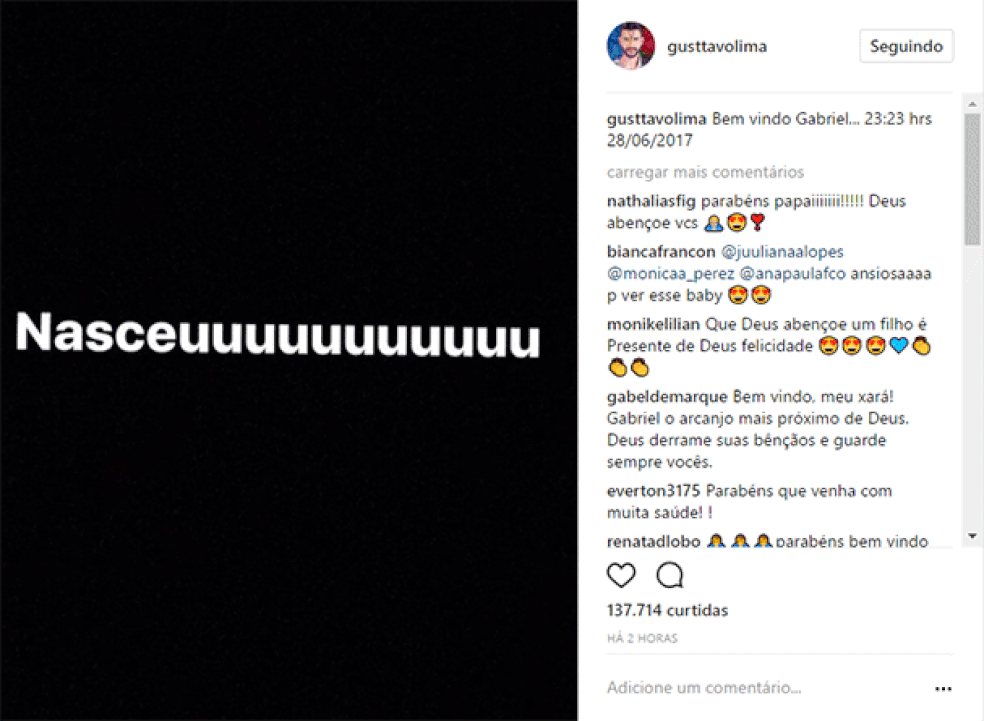 Gusttavo Lima comemora no Instagram o nascimento do filho (Foto: Reprodução/Instagram) — Foto: Glamour