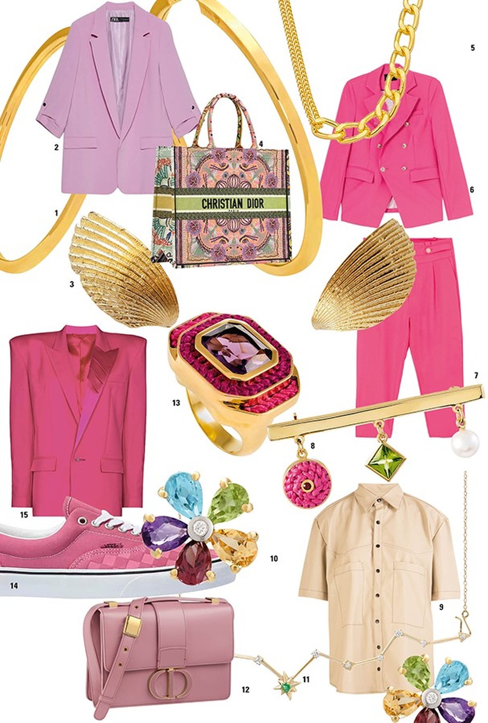1. Vivara, R$ 690. 2. Zara, R$ 479. 3. Flavia Madeira, R$ 350. 4. Dior. 5. Thrill, R$ 200. 6. Renner, R$ 280. 7. Renner, R$ 100. 8. Maria Frering, R$ 1.200. 9. Anace no Gallerist, R$ 566. 10. HStern. 11. Latitude, R$ 6.670. 12. Dior. 13. Maria Frering, R$ 2.100. 14. Vans, R$ 260. 15. The Attico no Farfetch, R$ 9.643. (Foto: divulgação) — Foto: Glamour