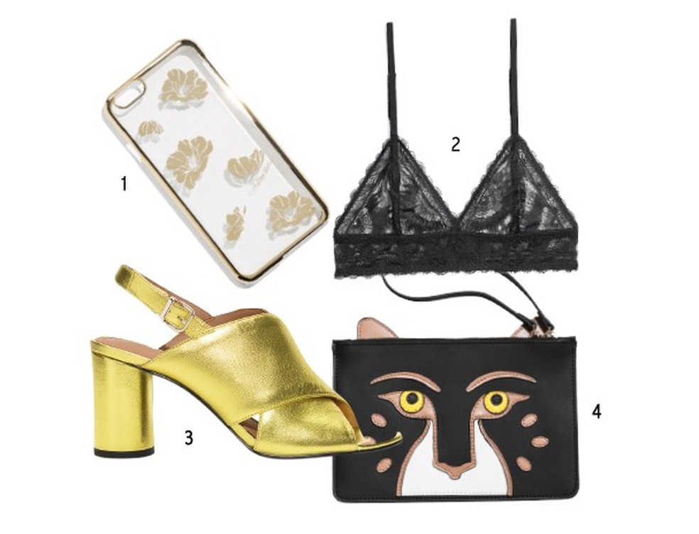 1. Case, US$ 19 2. Sutiã, US$ 39 3. Carteira, US$ 60 4. Sandálias, US$ 125 — Foto: Glamour
