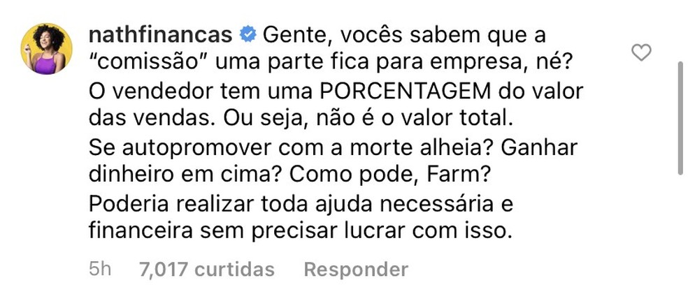 Comentário feito pela influenciadora Nath Finanças (Foto: @adorofarm) — Foto: Glamour