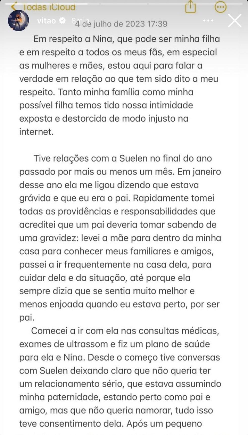 Vitão abre jogo sobre desabafo de Suelen Gervásio — Foto: Reprodução/Instagram