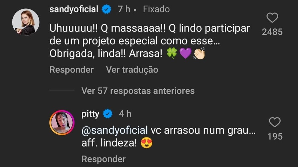 Sandy comenta no post de Pitty — Foto: Reprodução/Instagram @pitty