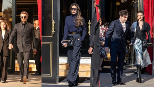 David, Harper, Brooklyn e Nicola assistem desfile de Victoria Beckham na semana de moda de Paris 