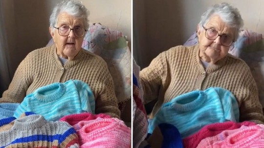 Senhora de 90 anos viraliza ao tricotar diversos casacos para doar para crianças do Rio Grande do Sul