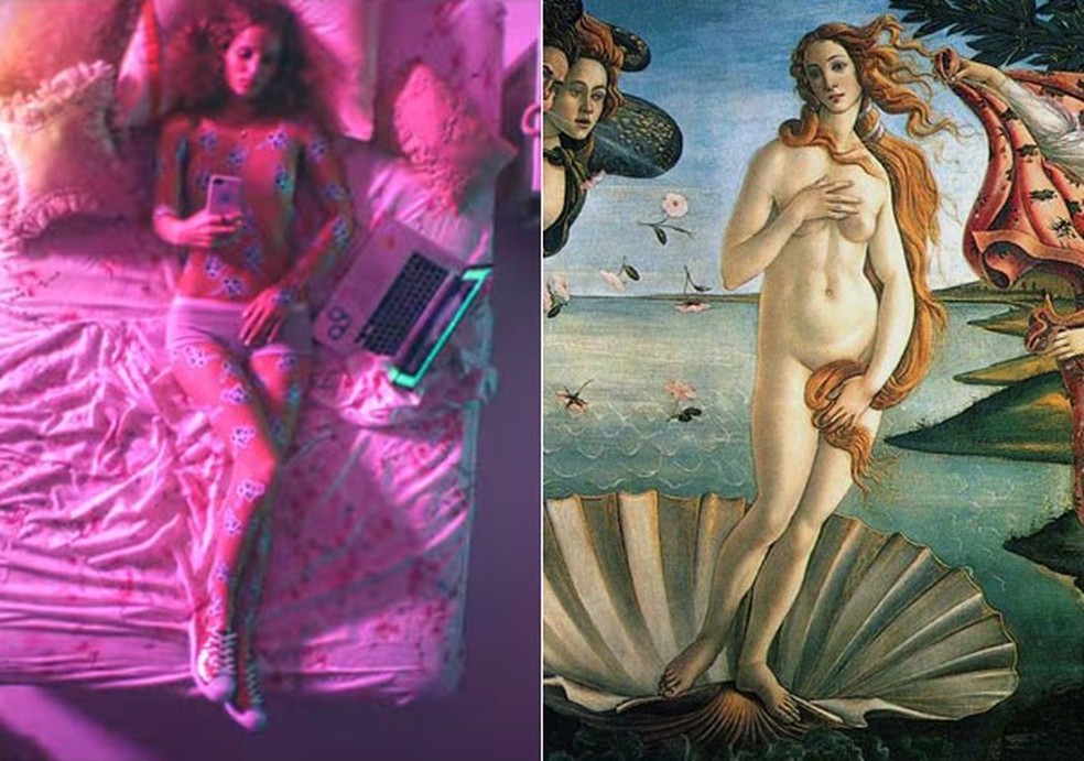 Petra Collins recria a obra clássica de Sandro Botticelli, "O Nascimento de Vênus" (Foto: Reprodução e Divulgação) — Foto: Glamour