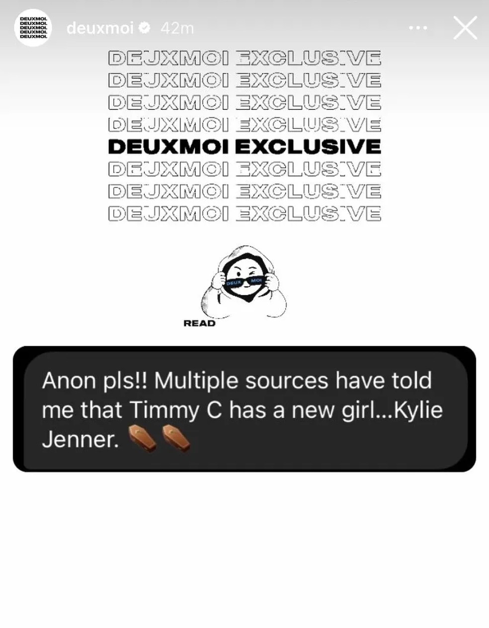 Início de abril de 2023: DeuxMoi relata que Kylie Jenner e Timothée Chalamet estão namorando — Foto: Instagram