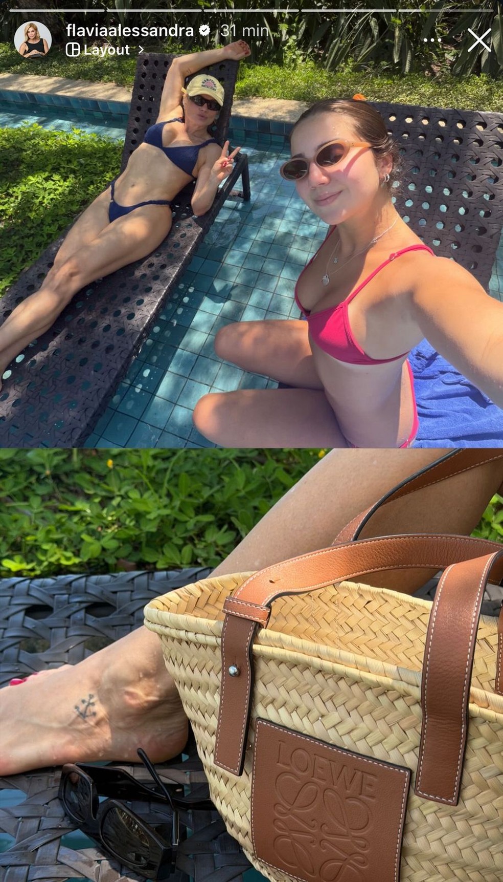 Flávia Alessandra aposta em biquíni azul para renovar o bronzeado na beira da piscina — Foto: Reproduçao/Instagram