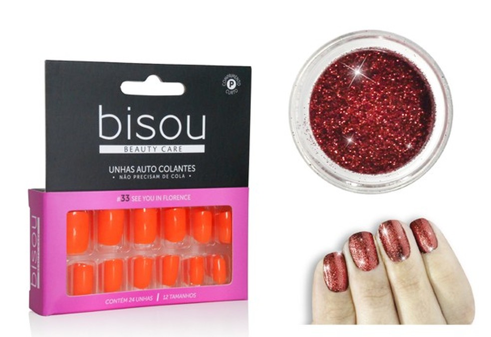 Unhas postiças Bisou e glitter Nati Reflex pra cobrir as unhas (Foto: Divulgação) — Foto: Glamour