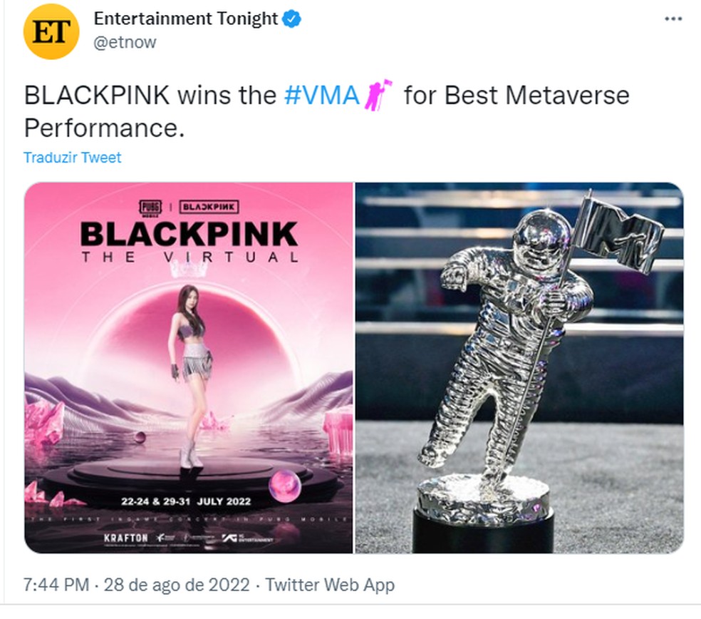 BLACKPINK ganha primeiro prêmio no VMA 2022 — Foto: Reprodução/Twitter