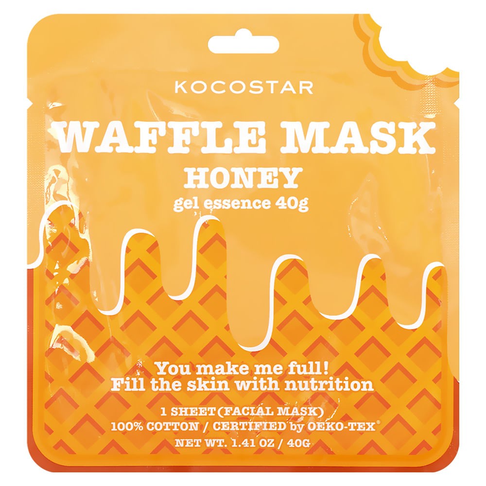 Máscara Facial Waffle Honey, Kocostar, R$ 38. Feito de fibras de algodão 100% ecológicas, enriquecidas com extratos de mel, aloe vera e abacate.