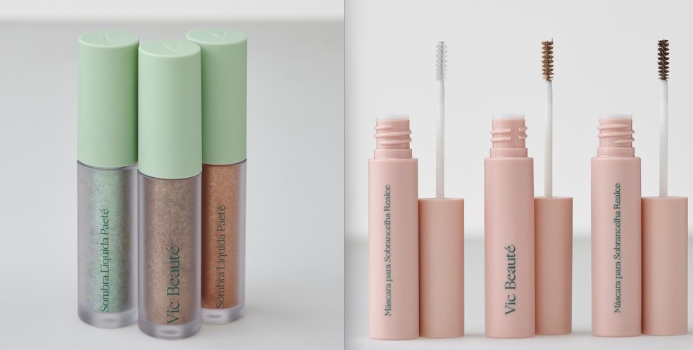 Sombra Líquida Paetê e Máscara para Sobrancelha Realce, da Vic Beauté (R$ 143 e R$ 119)  — Foto: Divulgação