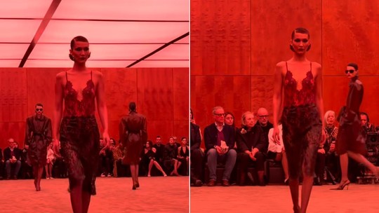 Bella Hadid volta à Paris Fashion Week com look de renda transparente