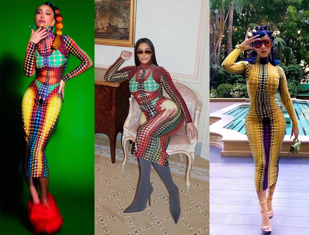 Elas amam essa estampa da Jean Paul Gaultier: Sabrina Sato, Kim Kardashian e Cardi B com diferentes versões — Foto: Reprodução/Instagram
