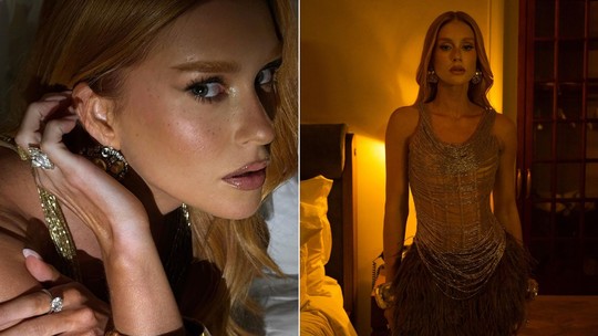 Marina Ruy Barbosa aposta em look carnavalesco com plumas e brilho