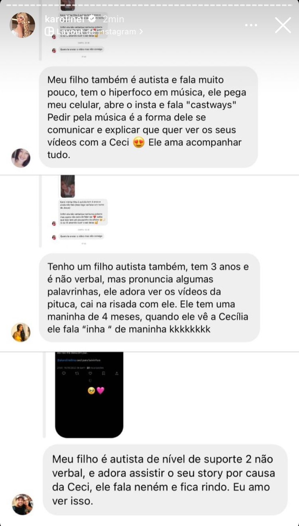 Karoline Lima se emociona com filhos de seus seguidores, que são autistas e gostam de ver os vídeo de Cecília — Foto: Reprodução/Instagram