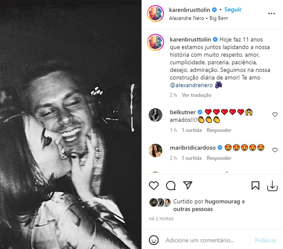 Karen Brusttolin se declara para Alexandre Nero no aniversário de 11 anos de relacionamento — Foto: Reprodução/Instagram