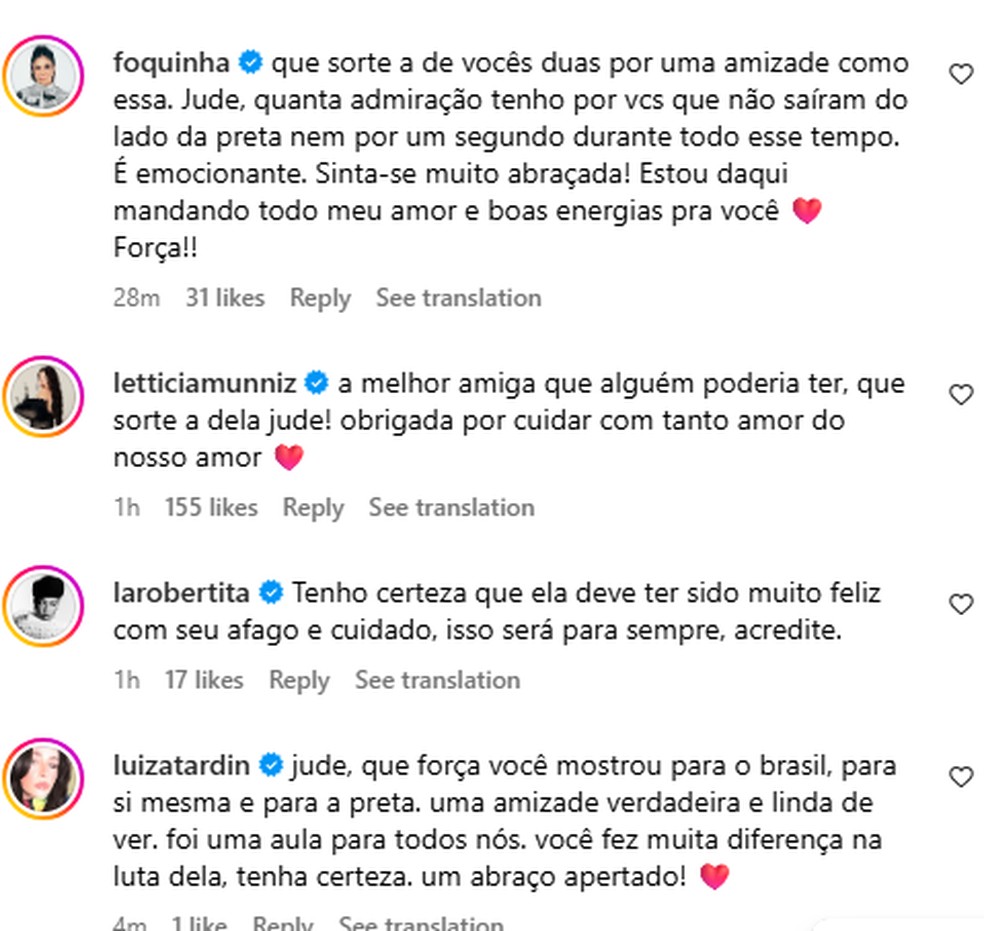 Famosos agradecem Jude Paulla por apoio nos últimos momentos de Preta Gil — Foto: Reprodução/Instagram